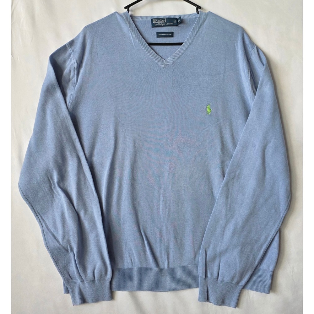 Polo Ralph Lauren Mens XL Blue Pima Cotton V-Neck Sweater Green Pony Logo